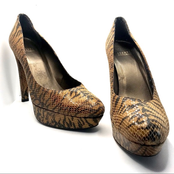 STUART WEITZMAN BROWN & BLACK LEATHER ANIMAL PRINT SNAKESKIN EMBOSSED HEELS (9)